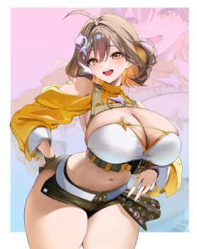 1girl :d absurdres ahoge anis_(nikke) bare_shoulders belt black_gloves black_shorts black_skirt blue_background border breasts brown_hair cleavage clothing_cutout colored_inner_hair commentary commentary_request english_commentary fingerless_gloves gloves goddess_of_victory:_nikke gradient_background hair_ornament hand_on_own_hip hido_(cherryhido) highres huge_breasts long_sleeves looking_at_viewer micro_shorts miniskirt multicolored_hair navel open_mouth orange_hair pink_background short_hair shorts shoulder_cutout single_glove skirt smile solo star-shaped_pupils star_(symbol) star_hair_ornament stomach symbol-shaped_pupils teeth thick_thighs thighs two-tone_hair upper_teeth_only white_border yellow_eyes zoom_layer