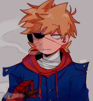 Rule 34 | 1boy, animification, bandaged neck, bandages, blue coat, brown hair, burn scar, cigar, coat, commentary request, eddsworld, eyepatch, future tord (eddsworld), grey background, hair ears, highres, holding, holding cigar, hood, hood down, hoodie, korean commentary, lina hsb csy, looking to the side, male focus, mechanical arms, red hoodie, scar, short hair, simple background, single mechanical arm, smoking, solo, tord (eddsworld), upper body, white eyes