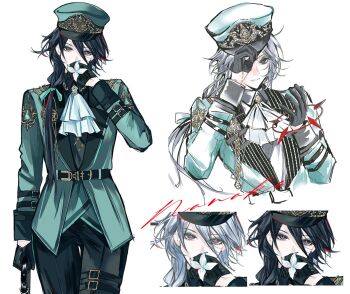 1girl adjusting_clothes adjusting_headwear ascot black_gloves black_hair chief_(path_to_nowhere) commentary_request covering_own_mouth cowboy_shot female_chief_(path_to_nowhere) flower gloves hair_over_one_eye half_gloves hat long_hair looking_at_viewer military_uniform multiple_views path_to_nowhere portrait standing txuan0331 upper_body white_ascot