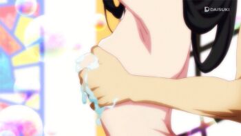 10s animated animated_gif anime_screenshot araragi_koyomi araragi_tsukihi arms_up black_hair bouncing_breasts breasts brother_and_sister bubble grabbing_another's_breast groping indoors interior long_hair mixed-sex_bathing monogatari_(series) nude shared_bathing siblings soap tsukimonogatari