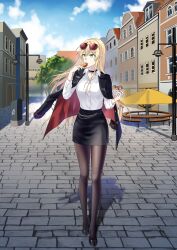Rule 34 | absurdres, blonde hair, commission, european architecture, eyewear on head, food, girls&#039; frontline, green eyes, highres, ice cream, jacket, jacket on shoulders, jewelry, necklace, pastry, pixiv commission, shirt, skirt, stg44 (detective&#039;s sidekick) (girls&#039; frontline), stg44 (girls&#039; frontline), sunglasses, suprii, white shirt