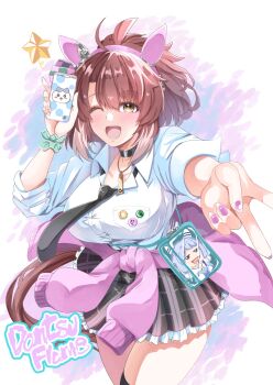 1girl ahoge animal_ears bag black_choker black_necktie black_skirt black_thighhighs blush bow breasts brown_eyes brown_hair cardigan cardigan_around_waist cellphone_charm character_doll charm_(object) checkered_ribbon choker clothes_around_waist collarbone commentary_request dantsu_flame_(umamusume) doll ear_covers ear_ribbon gyaru hair_between_eyes hairband highres hishi_miracle_(miracle_make-up!)_(umamusume) hishi_miracle_(umamusume) holding holding_phone horse_ears horse_girl horse_tail kentan_(kingtaiki) large_breasts long_sleeves looking_at_viewer multicolored_hair necktie one_eye_closed open_mouth phone pin pink_cardigan pink_hairband pink_nails pleated_skirt scrunchie shirt skirt smile solo tail thighhighs umamusume v white_hair white_shirt wrist_scrunchie