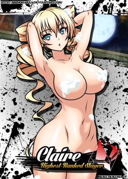 1girl armpits arms_behind_head blonde_hair blue_eyes breasts censored_nipples claire_harvey convenient_censoring drill_hair highres hundred_(light_novel) large_breasts legs looking_at_viewer navel nude ookuma_nekosuke open_mouth puckered_lips soap_bubbles soap_censor solo thighs toned tongue twin_drills