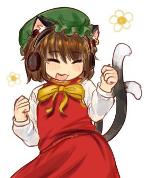 1girl :3 absurdres animal_ears black_ears black_tail blush bow bowtie brown_hair cat_ears cat_girl chen child clenched_hands closed_eyes commentary cowboy_shot dot_nose earbuds earphones earrings english_commentary flower green_hat hands_up hat headphones highres jewelry kimberkcally long_sleeves mob_cap multiple_tails open_mouth red_skirt red_vest shirt short_hair signature single_earring skirt skirt_set smile solo tail touhou two_tails vest white_background white_shirt yellow_bow yellow_bowtie
