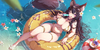 1girl ;p animal_ear_fluff animal_ears armlet bead_bracelet bead_necklace beads bikini black_hair black_nails bracelet breasts cleavage cocktail_umbrella drinking_straw eyewear_on_head flower flower_on_liquid food gold_armlet gold_bikini gold_bracelet gold_thighlet holding holding_food holding_popsicle jewelry large_breasts long_hair mitsu_(mitsu_art) navel necklace one_eye_closed original patreon_username pink_flower popsicle purple_eyes solo sunglasses swim_ring swimsuit tail thighlet tongue tongue_out water white_flower wolf_ears wolf_girl wolf_tail