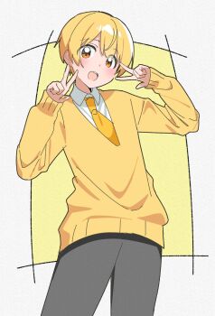1boy blonde_hair cowboy_shot double_w grey_pants hair_between_eyes hands_up highres kai_(shell) long_sleeves looking_at_viewer male_focus necktie open_mouth pants root_(stpri) shirt short_hair sleeves_past_wrists smile solo strawberry_prince w yellow_necktie yellow_shirt