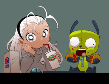 1girl 1other bell_(ppgd) black_hairband bleedman commentary computer_mouse cross-eyed cup drink drinking_straw eating english_commentary gir_(dog_costume)_(invader_zim) gir_(invader_zim) green_fur grey_eyes grey_sweater hairband hand_on_own_face holding holding_cup invader_zim long_bangs long_hair looking_at_viewer mountain_dew powerpuff_girls powerpuff_girls_doujinshi simple_background stuffed_animal stuffed_toy sweater taco taco_bell teddy_bear very_long_hair white_hair