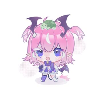 1girl :3 absurdres ahoge animal animal_on_head asymmetrical_gloves asymmetrical_legwear blush blush_stickers bow camila_(cami_2.0)_(vtuber) camila_(vtuber) chibi chibi_only closed_mouth colored_eyelashes commentary diamond_facial_mark diamond_hair_ornament elbow_gloves english_commentary eyelashes facial_mark fang full_body gloves hands_on_own_hips head_wings heart heart_facial_mark highres indie_virtual_youtuber mismatched_eyelashes mismatched_gloves mismatched_legwear multicolored_hair on_head open_mouth outline pink_hair pointy_ears purple_bow purple_eyes simple_background single_wing skin_fang smile standing streaked_hair tail turtle two_side_up vedal987 vedal_ai virtual_youtuber white_background white_hair white_outline wings yuke_10018
