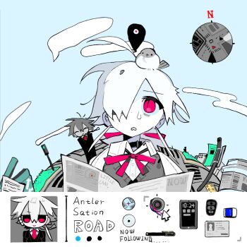 Rule 34 | 1boy, 1girl, ahoge, animal, animal on head, bags under eyes, battery indicator, bird, bird on head, black jacket, blue background, cellphone, chibi, chibi inset, closed eyes, cloud, collared shirt, compass, cursor, english text, hair over one eye, hair ribbon, highres, holding, id card, jacket, low ponytail, medium hair, minimap, mk1liaoqian, neck ribbon, necktie, newspaper, on head, open mouth, original, phone, ponytail, red eyes, red necktie, red ribbon, ribbon, shirt, sweat, sweater vest, upper body, user interface, vest, white hair, white shirt