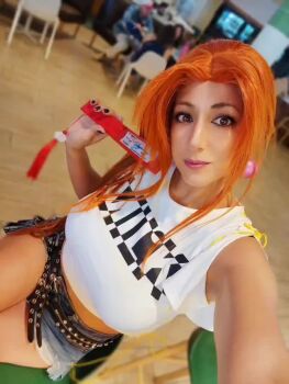 1girl animated audible_music breasts cosplay denim fatal_fury fatal_fury:_the_motion_picture female_focus kittykaboooom official_alternate_costume real_life shiranui_mai shiranui_mai_(cosplay) shirt sleeveless sleeveless_shirt solo sound tagme video white_shirt