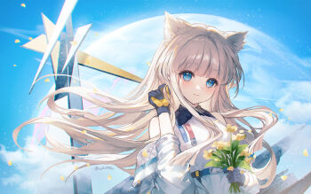 1girl animal_ears arknights arknights:_endfield bare_shoulders blonde_hair blue_eyes blush chinese_commentary closed_mouth commentary_request dress flower highres holding holding_flower ichitata jacket long_hair looking_at_viewer open_clothes open_jacket perlica_(arknights) sleeveless sleeveless_dress smile solo upper_body white_dress white_jacket yellow_flower
