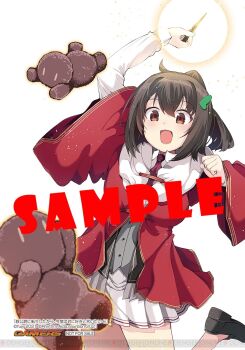 1girl :d ahoge arm_up ascot black_hair black_shoes breasts brown_eyes buta_koushaku clenched_hand collared_shirt corset cowboy_shot fujy glowing golem grey_corset hair_between_eyes hair_ornament hand_up heart heart_hair_ornament highres holding holding_wand hood hood_down hooded_robe large_breasts leg_up loafers long_sleeves looking_down magic medium_hair miniskirt open_mouth pleated_skirt ponytail purple_ascot red_robe robe sample_watermark school_uniform shirt shoes short_ponytail sidelocks simple_background skirt smile solo standing standing_on_one_leg tented_shirt tina_(buta_koushaku) wand watermark white_background white_hood white_shirt white_skirt wide_sleeves