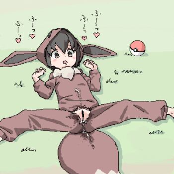 1girl aftersex aliasing animal_ears animal_hood bar_censor black_hair blush brown_eyes censored cleft_of_venus clothing_cutout cosplay crotch_cutout cum cum_in_pussy cum_on_clothes drooling eevee eevee_(cosplay) eevee_ears eevee_tail female_focus flat_chest gen_1_pokemon good_pet grass hands_up has_uncensored_version heart hood hood_up kigurumi lokulo_no_mawashimono loli long_sleeves looking_at_viewer lowres lying nintendo oekaki on_back on_ground open_mouth poke_ball poke_kid_(pokemon) pokemon pokemon_swsh pussy solo spread_legs tail