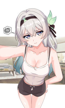 1girl alternate_costume bare_shoulders black_bow black_hairband black_shorts blue_eyes bow bra_strap breasts cleavage closed_mouth collarbone commentary firefly_(honkai:_star_rail) gradient_hair green_hair grey_hair hair_between_eyes hair_bow hairband hand_on_own_hip highres honkai:_star_rail honkai_(series) indoors large_breasts long_hair looking_at_viewer maxwelzy multicolored_eyes multicolored_hair shorts solo spoken_squiggle squiggle tank_top two-tone_eyes white_tank_top yellow_eyes