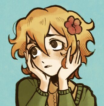 1boy alternate_costume alternate_eye_color basil_(faraway)_(omori) basil_(omori) black_eyes blonde_hair blue_background blush bright_pupils brown_shirt cardigan collared_shirt commentary double-parted_bangs flower green_cardigan hair_between_eyes hair_flower hair_ornament hands_on_own_cheeks hands_on_own_face highres long_sleeves male_focus omori ottie_pops parted_lips shirt short_hair sidelocks simple_background solo symbol-only_commentary upper_body white_pupils