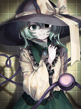 1girl black_hat bleeding blood blood_stain buttons closed_mouth collared_shirt commentary constricted_pupils cowboy_shot diamond_button dot_nose frilled_shirt_collar frilled_sleeves frills green_eyes green_hair green_skirt grid_background hair_between_eyes hand_up hat hat_ribbon heart heart_of_string holding holding_knife knife komeiji_koishi long_neck long_sleeves looking_at_viewer medium_hair ribbon self-harm shadow shirt skirt smile solo standing t_terano third_eye touhou vignetting wide_sleeves yandere yellow_background yellow_ribbon yellow_shirt