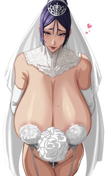 1girl alecto_0 alternate_costume areola_slip blush bouquet breasts bridal_veil cowboy_shot detached_collar dress earrings elbow_gloves facing_viewer fate_(series) female_pubic_hair flower garter_belt garter_straps gloves heart huge_breasts jewelry lipstick long_hair looking_at_viewer makeup minamoto_no_raikou_(fate) mole mole_on_breast pasties pearl_thong pubic_hair purple_hair red_lips smile solo tiara veil wedding_dress