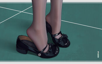 1girl artist_name black_bow black_shoes bow brown_pantyhose chinese_commentary commentary_request feet feet_only foot_focus footwear_focus green_background heel_pop high_heels highres mary_janes original paid_reward_available pantyhose qizhu shoes solo tiptoes