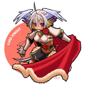 1girl 2000s_(style) 2009 ahoge armor belt black_belt blush boobplate breastplate brown_skirt cape character_name closed_mouth commentary_request cowboy_shot cross cross_of_prontera feathered_wings flower flower_in_mouth fur-trimmed_cape fur_trim grey_hair grey_wings head_wings holding holding_sword holding_weapon looking_at_viewer lord_knight_(ragnarok_online) pauldrons pleated_skirt purple_eyes purple_wings ragnarok_online red_cape red_flower red_rose rose ryuu_(5lden_age) short_hair shoulder_armor simple_background skirt smile solo spiked_gauntlets sword v-shaped_eyebrows weapon white_background wings