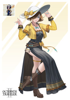 1girl aqua_bow aqua_nails arm_up belt_boots black_dress blue_eyes boots bow bow_necklace breasts brown_boots brown_hair character_charm charm_(object) closed_mouth collarbone commentary_request copyright_name cropped_jacket dress full_body hair_over_one_eye hand_up hat hat_bow hat_ribbon highres jacket jewelry layered_sleeves lipstick long_sleeves looking_at_viewer makeup medium_breasts nail_polish octopath_traveler octopath_traveler_ii one_eye_covered open_clothes open_jacket photo_inset ptdoge red_lips ribbon short_hair short_over_long_sleeves short_sleeves side_slit smile solo standing standing_on_one_leg thighlet throne_anguis two-tone_background white_background white_hat yellow_background yellow_bow yellow_ribbon