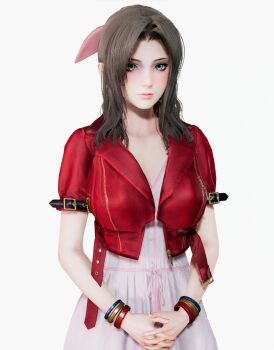 1girl 3d aerith_gainsborough bracelet breasts brown_hair cleavage cropped_jacket dress final_fantasy final_fantasy_vii final_fantasy_vii_remake green_eyes hair_ribbon jacket jewelry looking_at_viewer medium_breasts own_hands_clasped parted_bangs pink_dress pink_ribbon red_jacket ribbon solo square_enix upper_body white_background