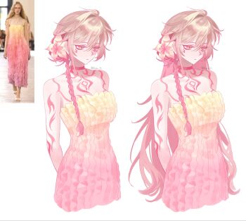 1girl alternate_costume arm_tattoo arms_behind_back bare_shoulders blonde_hair braid breast_tattoo breasts choker cleavage closed_mouth commentary cowboy_shot dress expressionless facial_tattoo facing_viewer flower genderswap genderswap_(mtf) hair_down hair_flower hair_ornament hair_up hashtag-only_commentary highres honkai:_star_rail honkai_(series) long_hair looking_down medium_breasts multiple_views mydei_(honkai:_star_rail) photo_inset red_choker red_tattoo reference_inset side_braid simple_background single_braid strapless strapless_dress symbol-only_commentary tattoo twitter_username very_long_hair white_background yellow_dress yellow_eyes yigenzhen26389