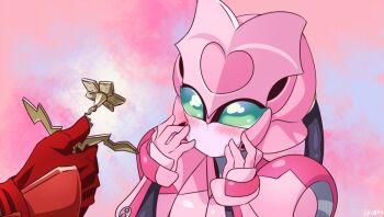 +_+ 1boy 1girl arms_up colored_skin flower giving green_eyes juran_(zenkaiger) kikai_sentai_zenkaiger magine mecha_musume multiple_girls musclecar pink_skin red_skin robot robotboy rokko_(pi10ro) super_sentai tokusatsu yellow_eyes