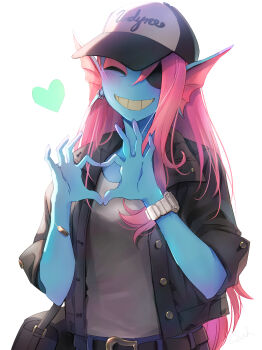 1girl absurdres bag baseball_cap belt black_belt black_hat black_jacket blue_skin blush closed_eyes colored_skin earrings fins hat head_fins heart heart_hands highres jacket jewelry long_hair noah_(tettsui-sole) pink_hair smile solo two-tone_hat undertale undyne utdr_(toby_fox) watch white_background white_hat wristwatch