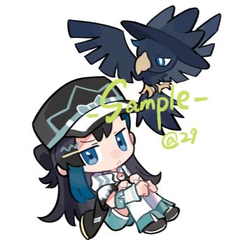 Rule 34 | 1girl, baseball cap, bird, black hair, blue eyes, chibi, chibi only, chinese commentary, commentary request, commission, crow, erjiusanshi, gen 2 pokemon, hat, hugging own legs, long hair, looking at viewer, murkrow, nintendo, original, poke ball, poke ball (basic), pokemon, pokemon (creature), sample watermark, simple background, sitting, solo focus, watermark, white background