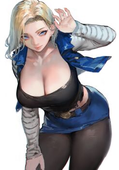 1girl android_18 aoin bent_over blonde_hair blue_eyes breasts dragon_ball dragonball_z large_breasts medium_hair
