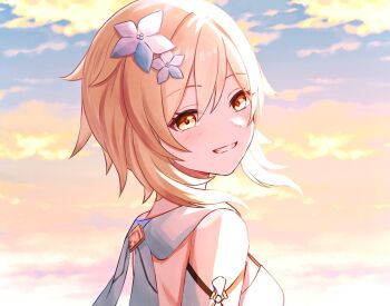 1girl bare_shoulders blonde_hair breasts cloud cloudy_sky commentary_request dress flower from_behind genshin_impact grin hair_flower hair_ornament highres looking_at_viewer looking_back lumine_(genshin_impact) outdoors portrait revision short_hair_with_long_locks sky smile solo sunlight sunrise white_dress yoi_(a27963244)