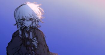 1boy brown_cardigan camera cardigan collared_shirt commentary_request dress_shirt gradient_background guzi15613491 highres holding holding_camera male_focus necktie red_eyes red_necktie saihate_eki shirt short_hair sketch solo tatsunami_shion upper_body white_hair white_shirt