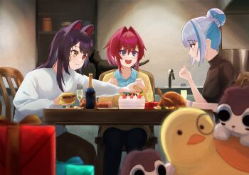 3girls :d alternate_costume ange_katrina animal_ears banken_(inui_toko) black_cat black_sweater blue_eyes blue_hair blue_shirt blunt_bangs blurry blush bottle box bracelet braid bun_with_braided_base burger cake cat chair champagne_flute chicken_(food) closed_mouth commentary_request cup depth_of_field dinner dog_ears doidamon drinking_glass eating fangs fangs_out food gift gift_box grey_hair hair_between_eyes hair_bun hair_intakes hair_ornament hand_up hands_up heterochromia highres holding holding_burger holding_food indoors inui_toko jewelry lize_helesta long_hair long_sleeves looking_at_another looking_at_object monocle multicolored_hair multiple_girls nijisanji on_chair open_mouth profile purple_eyes purple_hair reaching red_eyes red_hair sanbaka_(nijisanji) sebastian_piyodore shirt shirt_under_sweater short_hair sidelocks single_hair_bun sitting smile sweater table teeth triangle_hair_ornament two-tone_hair upper_teeth_only virtual_youtuber white_sweater wine_bottle yellow_eyes yellow_sweater