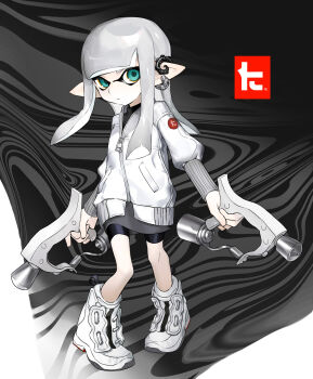 Rule 34 | 1girl, absurdres, black shorts, black sweater, boots, closed mouth, commentary request, daokweok, dual wielding, earclip, expressionless, full body, green eyes, grey skirt, highres, holding, holding weapon, inkling, inkling girl, inkling player character, jacket, long hair, long sleeves, looking at viewer, nintendo, order dualies (splatoon), pointy ears, shorts, shorts under skirt, skirt, solo, splatoon (series), splatoon 3, standing, sweater, tentacle hair, toni kensa (splatoon), turtleneck, turtleneck sweater, weapon, white boots, white hair, white jacket, zipper pull tab