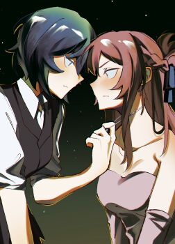 2girls absurdres annoyed black_hair black_vest blue_eyes braid brown_eyes brown_hair closed_mouth collared_shirt commentary commission dress elbow_gloves english_commentary gloves half_up_braid highres long_hair looking_at_another miyagi_shiori multiple_girls necklace_pull purple_dress purple_gloves second-party_source sendai_hazuki shirt short_hair shuuniichido_classmate_wo_kau_hanashi sleeves_rolled_up strapless strapless_dress upper_body vest visari white_shirt yuri