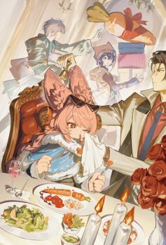 2boys 2girls animal_ear_fluff animal_ear_piercing animal_ears arm_warmers bag bell belle_(zenless_zone_zero) black_hair blue_hair box braid braided_twintails bright_pupils brown_jacket candle carrot chandelier collared_shirt cup damian_blackwood drinking_glass eating eyewear_on_head flower fork fur_trim furry furry_female gift gift_box grey_hair hashibiro_kou_(garapiko_p) highres holding holding_bell holding_fork holding_knife hood hooded_jacket jacket knife knit_hat long_sleeves multiple_boys multiple_girls nail_polish o-ring_necktie official_alternate_costume one_eye_closed paper_bag pink_fur pink_hair plate rabbit_ears rabbit_girl red_eyes red_shirt rose salad shirt shopping_bag short_eyebrows sitting sleeveless sleeveless_jacket sunglasses thick_eyebrows vase white_pupils wine_glass wiping_face wise_(zenless_zone_zero) zenless_zone_zero zhao_(zenless_zone_zero)