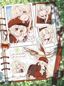 2girls affectionate alice_(genshin_impact) ayacchirin blonde_hair blush breasts commentary english_commentary family family_bonding genshin_impact gloves hair_between_eyes happy hat highres hug klee_(genshin_impact) long_hair long_sleeves low_twintails mother_and_daughter multiple_girls multiple_views open_mouth pointy_ears reference_sheet smile twintails