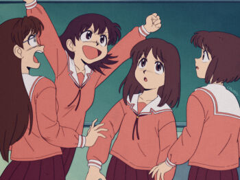 Rule 34 | 1980s (style), 4girls, absurdres, arms up, azumanga daioh's school uniform, azumanga daiou, brown eyes, brown hair, chalkboard, chronocrump, classroom, derivative work, highres, kaori (azumanga daioh), kasuga ayumu, mizuhara koyomi, multiple girls, oldschool, open mouth, parody, retro artstyle, school, school uniform, screenshot redraw, takino tomo