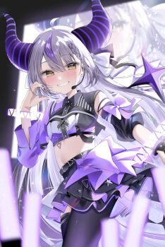 1girl black_horns black_skirt black_thighhighs blurry blurry_foreground blush braid commentary_request demon_girl demon_horns glowstick grey_hair grin headset highres hololive horns idol kochitora_9 la+_darknesss long_hair looking_at_viewer miniskirt multicolored_hair parted_lips purple_hair screen single_braid skirt smile solo thighhighs two-tone_hair virtual_youtuber yellow_eyes