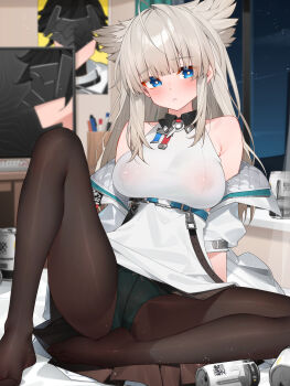 1girl ahoge alternate_breast_size_(larger) animal_ears arknights arknights:_endfield bilingual_commentary bird_ears bird_girl black_pantyhose blue_eyes blunt_bangs breasts bright_pupils collared_dress commentary covered_erect_nipples dress endministrator_(arknights) english_commentary grey_hair halter_dress halterneck highres indoors jacket large_breasts long_hair looking_at_viewer male_endministrator_(arknights) masturbation mixed-language_commentary night off_shoulder panties panties_under_pantyhose pantyhose parted_lips perlica_(arknights) see-through_clothes sidelocks sitting speech_bubble spread_legs underwear very_long_hair waterring white_dress white_jacket white_pupils