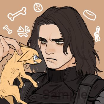 1boy anger_vein animal animal_ears animal_nose animalization black_bodysuit blue_eyes bodysuit bone brown_background brown_hair bucky_barnes captain_america:_the_winter_soldier captain_america_(series) closed_mouth dog dog_ears dog_tail facial_hair fang fingernails green_eyes hand_up highres holding holding_animal looking_at_animal marvel marvel prosthesis prosthetic_arm sample_watermark short_hair simple_background steve_rogers tail tearing_up teeth trembling upper_body v-shaped_eyebrows watermark winter_soldier yellow_dog yellow_fur yiqianbixin