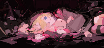 1girl :| absurdres black_hoodie blonde_hair blue_eyes closed_mouth colored_eyelashes commentary expressionless fetal_position hair_over_one_eye highres holding holding_scissors holding_stuffed_toy hood hoodie hugging_object irple kagamine_rin kagamine_rin_(scissors) long_hoodie looking_at_viewer lying neon_palette on_floor on_side patchwork_clothes pink_theme project_diva_(series) red_pupils scissors solo striped_clothes striped_thighhighs stuffed_animal stuffed_toy stuffing teddy_bear thighhighs thread tokyo_teddy_bear_(vocaloid) trash vocaloid