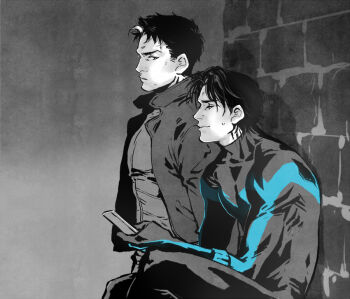 2boys batman_(series) bodysuit brothers dc_comics dick_grayson family gloves jacket jason_todd leather leather_jacket male_focus multicolored_hair multiple_boys nightwing phone red_hood_(dc) siblings spot_color two-tone_hair