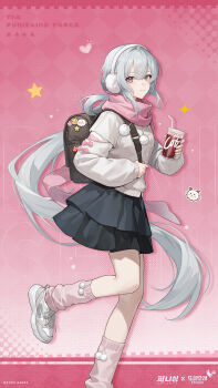 Rule 34 | 1girl, bag, black bag, black skirt, closed mouth, commentary request, cup, disposable cup, drinking straw, grey hair, highres, holding, holding bag, holding cup, korean commentary, leg warmers, liv (pgr), long hair, long sleeves, looking at viewer, official art, pink eyes, pink leg warmers, pink scarf, punishing: gray raven, scarf, school bag, shoes, skirt, smile, solo, standing, standing on one leg, very long hair, white shoes, winter clothes