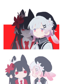 Rule 34 | 2girls, animal ears, beret, black hair, black hat, cat ears, chibi, chinese commentary, closed mouth, commentary request, crown, d.y.x., floppy ears, flower, gradient hair, hair flower, hair ornament, hat, kemonomimi mode, long hair, looking at another, looking at viewer, mahou shoujo no majo saiban, multicolored hair, multiple girls, multiple views, pink eyes, pink hair, profile, rabbit ears, red eyes, sakuraba ema, short hair, sweatdrop, upper body, white flower, white hair, x hair ornament