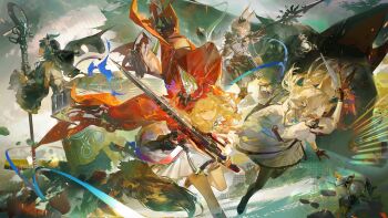 Rule 34 | 4girls, animal ears, arknights, arknights: endfield, avywenna (arknights), black pantyhose, blonde hair, blue eyes, blue hair, cloak, demon girl, demon horns, grey hair, highres, holding, holding polearm, holding sword, holding weapon, horns, logo, long hair, multiple girls, nun headdress, official art, pantyhose, perlica (arknights), polearm, rabbit ears, rabbit girl, red cloak, rossi (arknights), ruoganzhao, short hair, sword, weapon, wolf ears, wolf girl, xaihi (arknights), yellow eyes