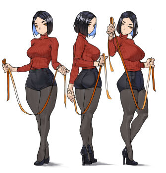 1girl :/ :| ass black_hair black_pantyhose black_shirt black_shoes blue_hair bob_cut breasts closed_mouth colored_inner_hair covered_navel from_side full_body hand_up high-waist_shorts high_heels highres holding holding_ribbon inverted_bob large_breasts long_sleeves looking_at_viewer multicolored_hair multiple_views orange_eyes original pantyhose parted_bangs red_sweater ribbed_sweater ribbon shadow shirt shoes short_hair shorts sideways_mouth simple_background standing sweater sweater_tucked_in tbocart thighhighs turtleneck turtleneck_sweater white_background
