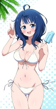 1girl absurdres ahoge bare_arms bikini blue_eyes blue_hair blush breasts cleavage commentary_request cowboy_shot eggman_(ni_tamagoex) food halftone halftone_background highres holding holding_food holding_popsicle long_hair make_heroine_ga_oo_sugiru! medium_breasts melting_popsicle navel open_mouth palm_tree popsicle side-tie_bikini_bottom sidelocks simple_background smile solo standing stomach swimsuit teeth tree underboob upper_teeth_only v white_background white_bikini yanami_anna