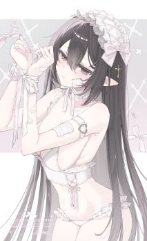 1girl arm_strap bandaid bandaid_on_arm bandaid_on_finger bandaid_on_hand black_eyes black_hair bound bound_wrists bra breasts choker closed_mouth commentary_request cowboy_shot cross_hair_ornament double-parted_bangs frilled_bra frilled_panties frills gauze gauze_on_arm gauze_on_cheek gauze_on_face hair_between_eyes hair_ornament hairband hands_up highres long_hair looking_at_viewer medium_breasts original panties pill pointy_ears ribbon solo underwear white_bra white_choker white_hairband white_panties white_ribbon yu_o015