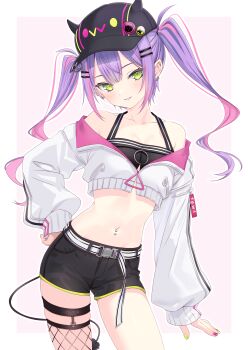 1girl absurdres bare_shoulders baseball_cap belt bibi_(tokoyami_towa) black_hat black_shirt black_shorts breasts collarbone commentary_request cowboy_shot crop_top cropped_jacket demon_tail fake_horns fishnet_thighhighs fishnets green_eyes grin hair_ornament hairclip hand_on_own_hip hat highres hololive horned_headwear horns jacket long_hair long_sleeves looking_at_viewer midriff multicolored_hair nail_polish navel navel_piercing off-shoulder_jacket off_shoulder piercing pink_hair purple_hair shirt short_shorts shorts sidelocks single_thighhigh sleeveless sleeveless_shirt small_breasts smile solo stomach streaked_hair tail thigh_strap thighhighs thighs toketa-sekai tokoyami_towa twintails two-tone_hair undershirt virtual_youtuber white_jacket